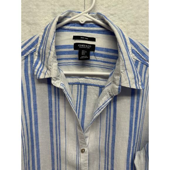 Woman Striped Linen Button Up Tunic Shirt White Blue L Jones New York Classy - Picture 3 of 9
